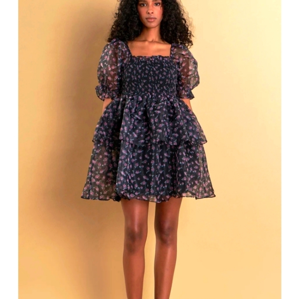 ENGLISH FACTORY Women's Floral Organza Double Ruffle Babydoll Dress Med